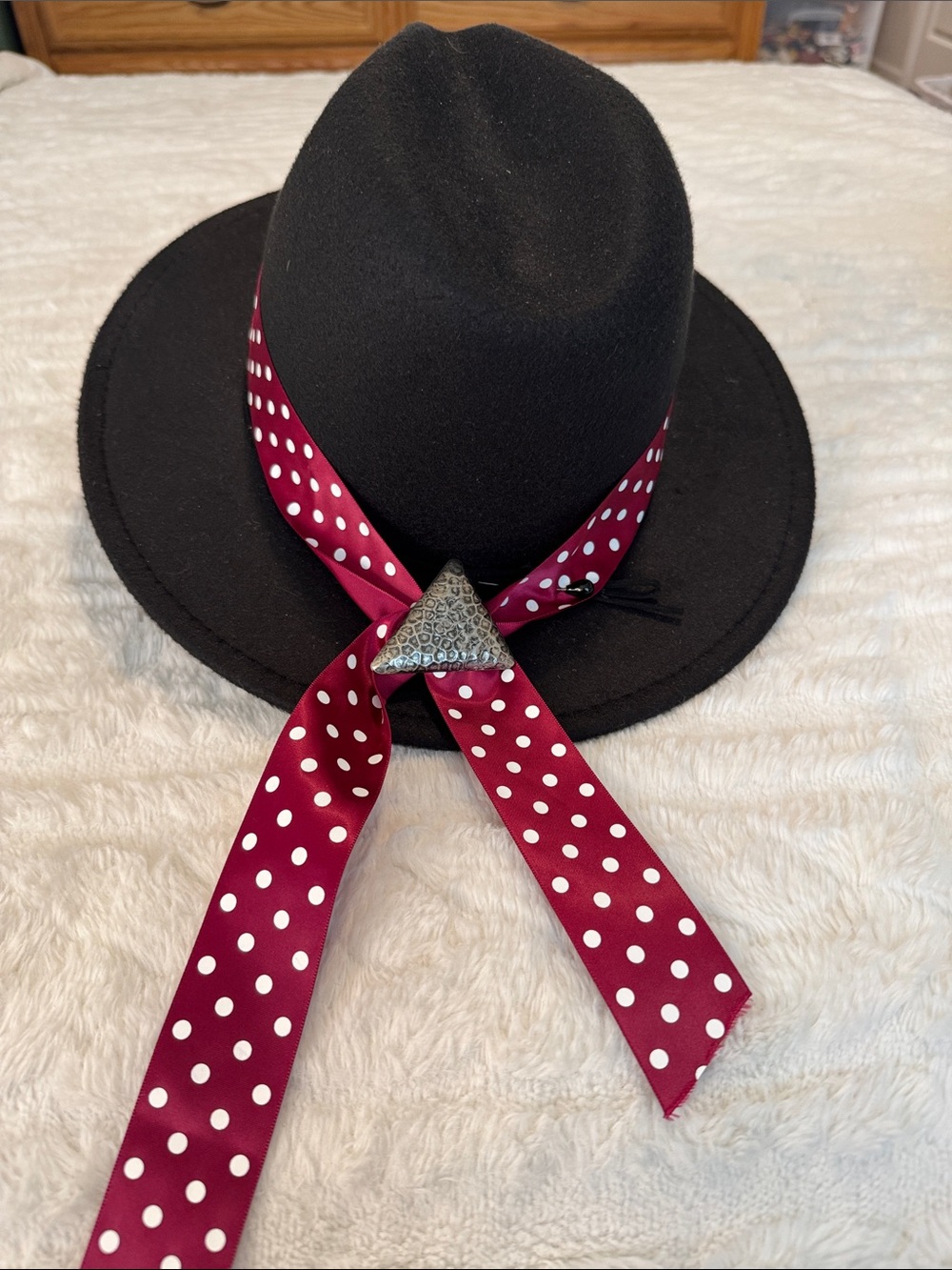 Black Wide-Brim Fedora with Burgundy Polka Dot Scarf Accent